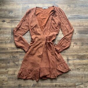 Abercrombie & Fitch Rust/Brown Smocked Cuff Long Sleeve Dotted Wrap Dress Sz Sm